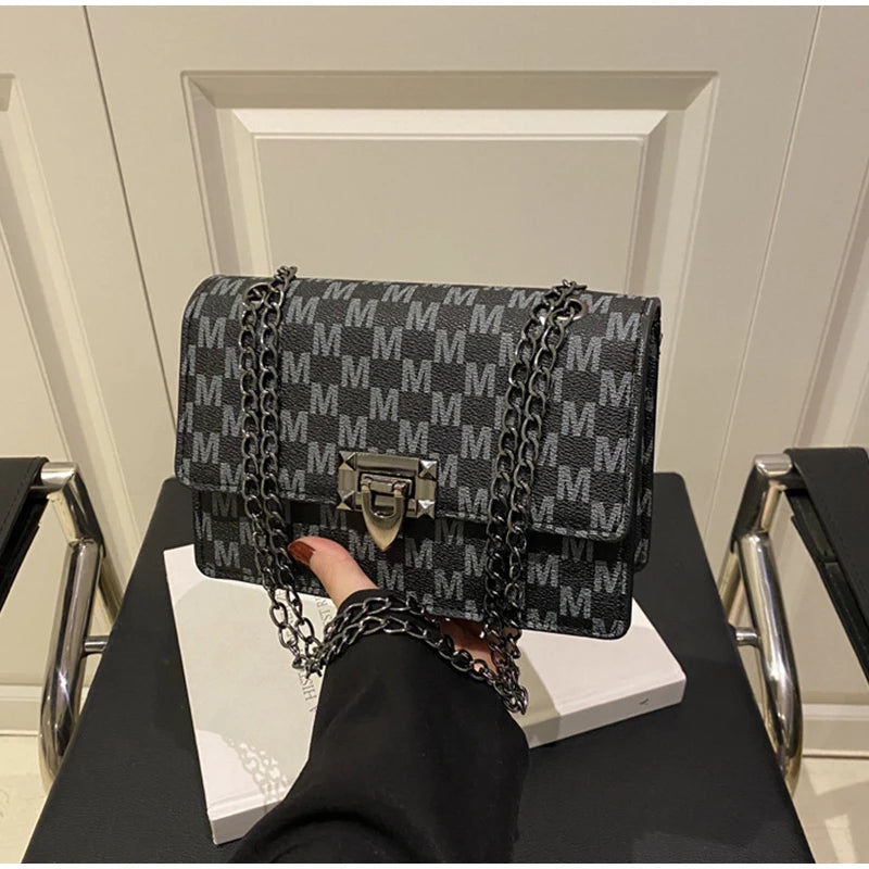 Luxury Letter Print Crossbody Shoulder Bag,Chain Buckle Compact Chic Women Sling Bag,Lady Vintage Casual Personalized Square Bag