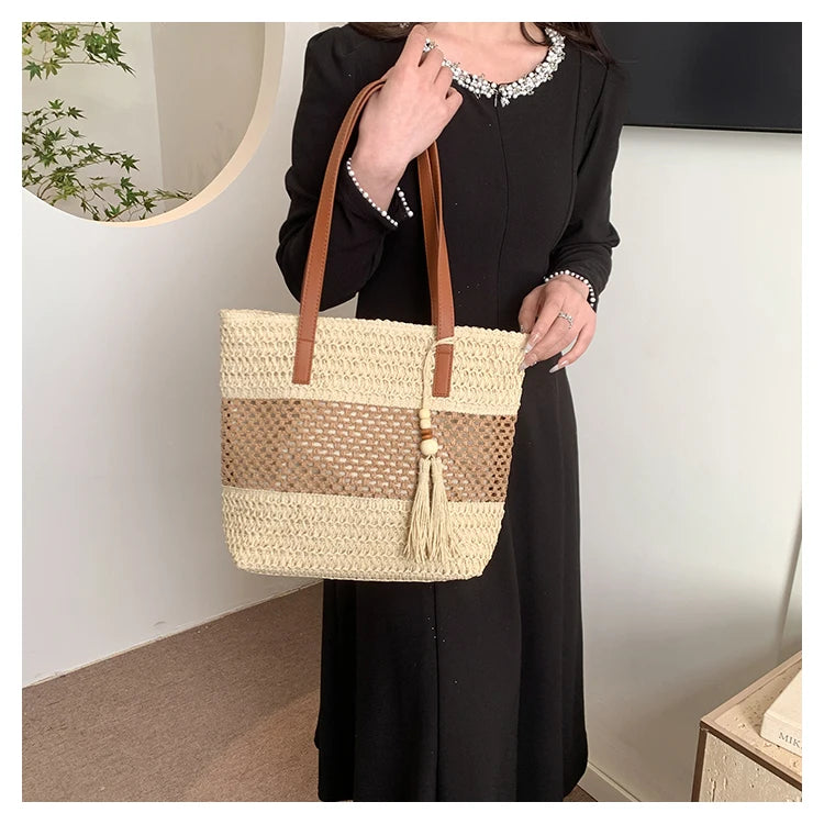 Color-blocked Linen Knitting Fashion Shoulder Bag Hollow Large Capacity Zipper Casual Tote Hot Sale Bags for Women Bolsa Mujer