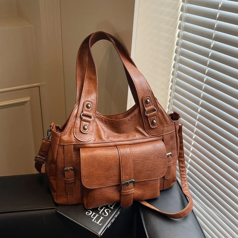Women Tote Bag Fashion Underarm Pouch Large Capacity Soft Pu Leather Shoulder Bag Retro Crossbody Bag Casual Portable BucketBags