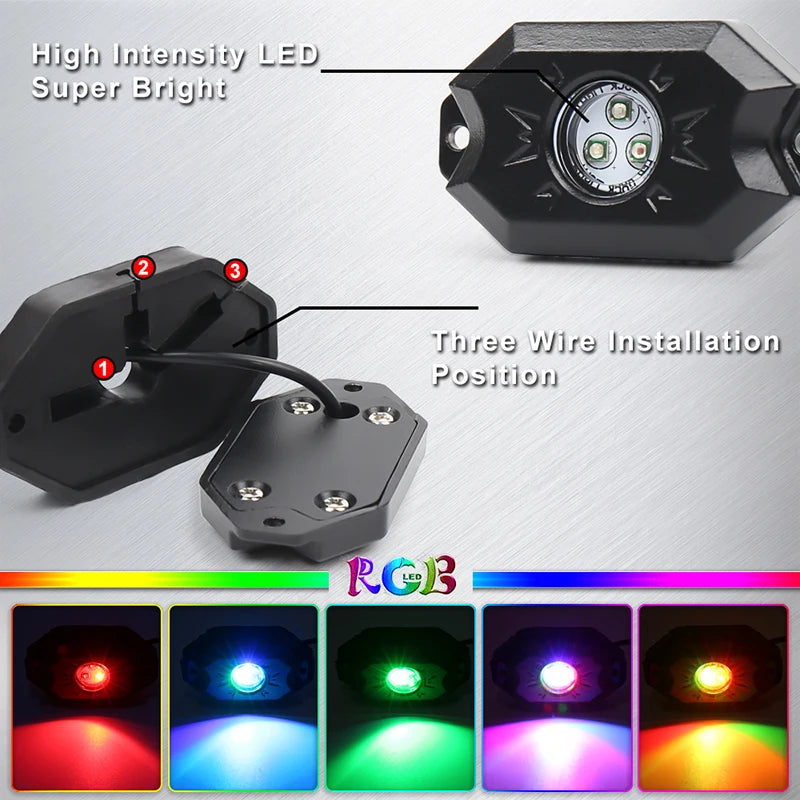 RGB LED Rock Lights Kit 4 Pods Underglow Multicolor Neon Light Pod With Blue Tooth App Control For Truck ATV UTV RZR SUV