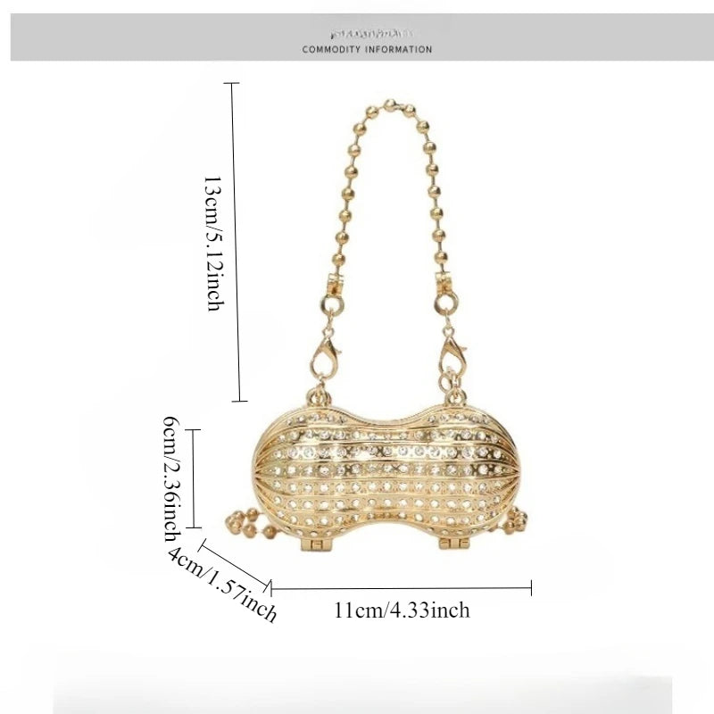 Luxury Diamond Inlay Peanut Shape Crystal Clutch Purse Stones Evening Wedding Party Shoulder Bag Handle Rhinestone Mini Handbags