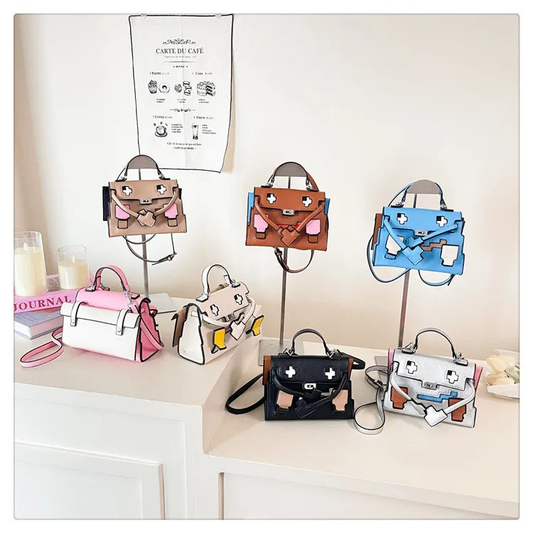 2025 Niche Kelly Bag Womens Mosaic Doll Robot Print Shoulder Crossbody Purse Unique Designer Handheld Tote Fashion Statement