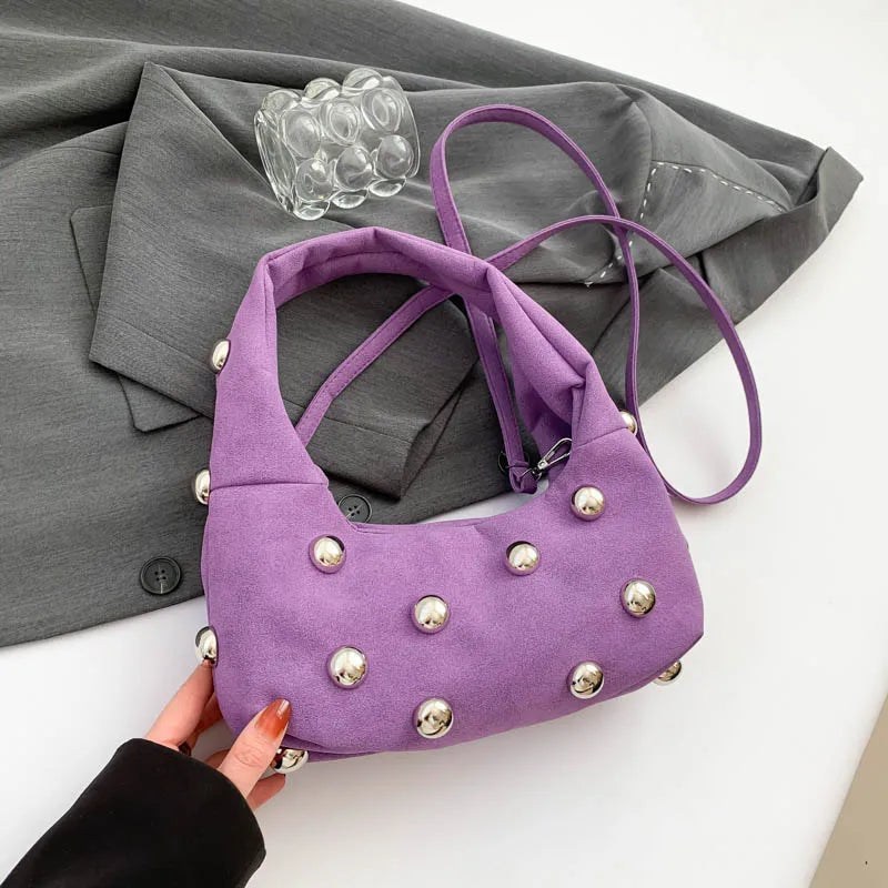 Luxury Purple Handbag For Women Luxury Studded Beading Handbags Wine Red Purse Solid Color Suede Leather Shoulder Crossbody Bags