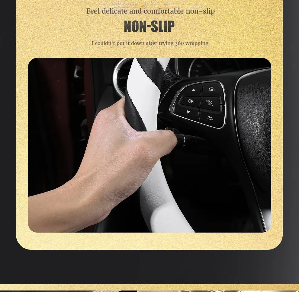 Car Steering Wheel Cover Universal  Durable Leather Cover with Anti-Slip Lining, for Steering Wheel with a Diameter of 14.5"-15"