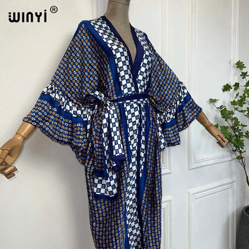 2023 dress KUWAIT WINYI new Muslim coat retro Print Self Belted Front Open Long Kimono kaftan Beach Tunic Women Wrap Dresses