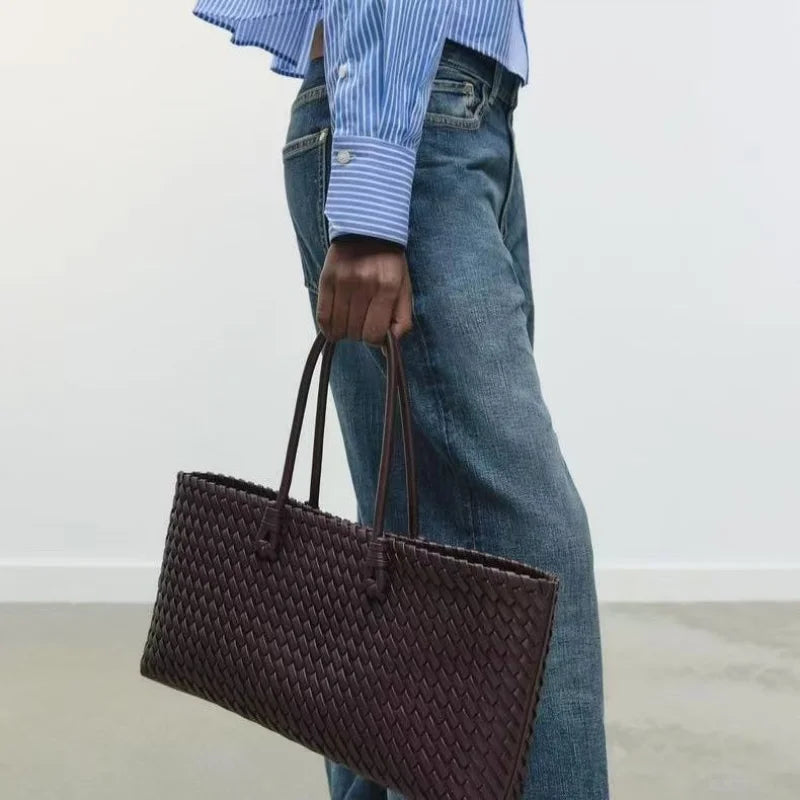 Luxury Top Handle Tote Bag Elongated Exquisite Woven Shopping Bag Magnetic Closure Pocket Shoulder Bag Designer Horizontal Purse