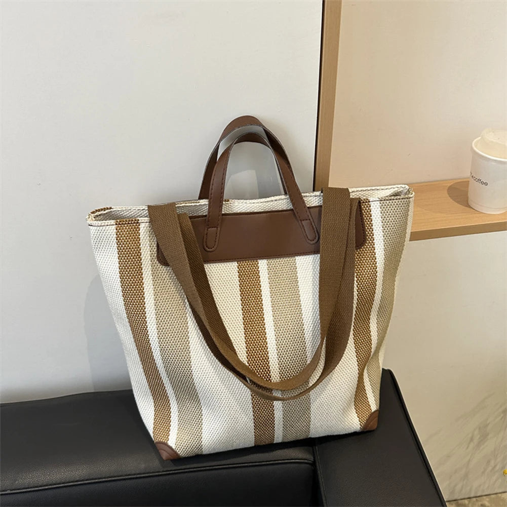 Striped Hobo Shoulder Bags Women Zipper Bucket Bags Canvas Tote Bag Simple Handbag Daily Commuting Bag Travel Top-Handle Bags