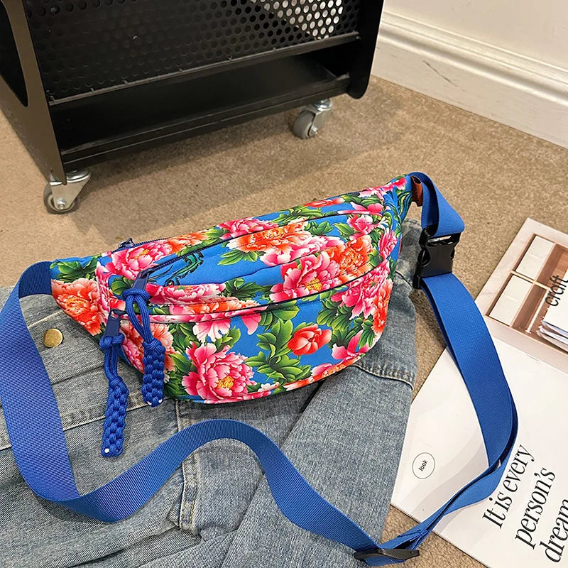 Women Fanny Bag Pack Large Flower Nylon Belt Bags Fashion Waist Pack Zipper Bag Adjustable Lightweight Multifunction Waterproof