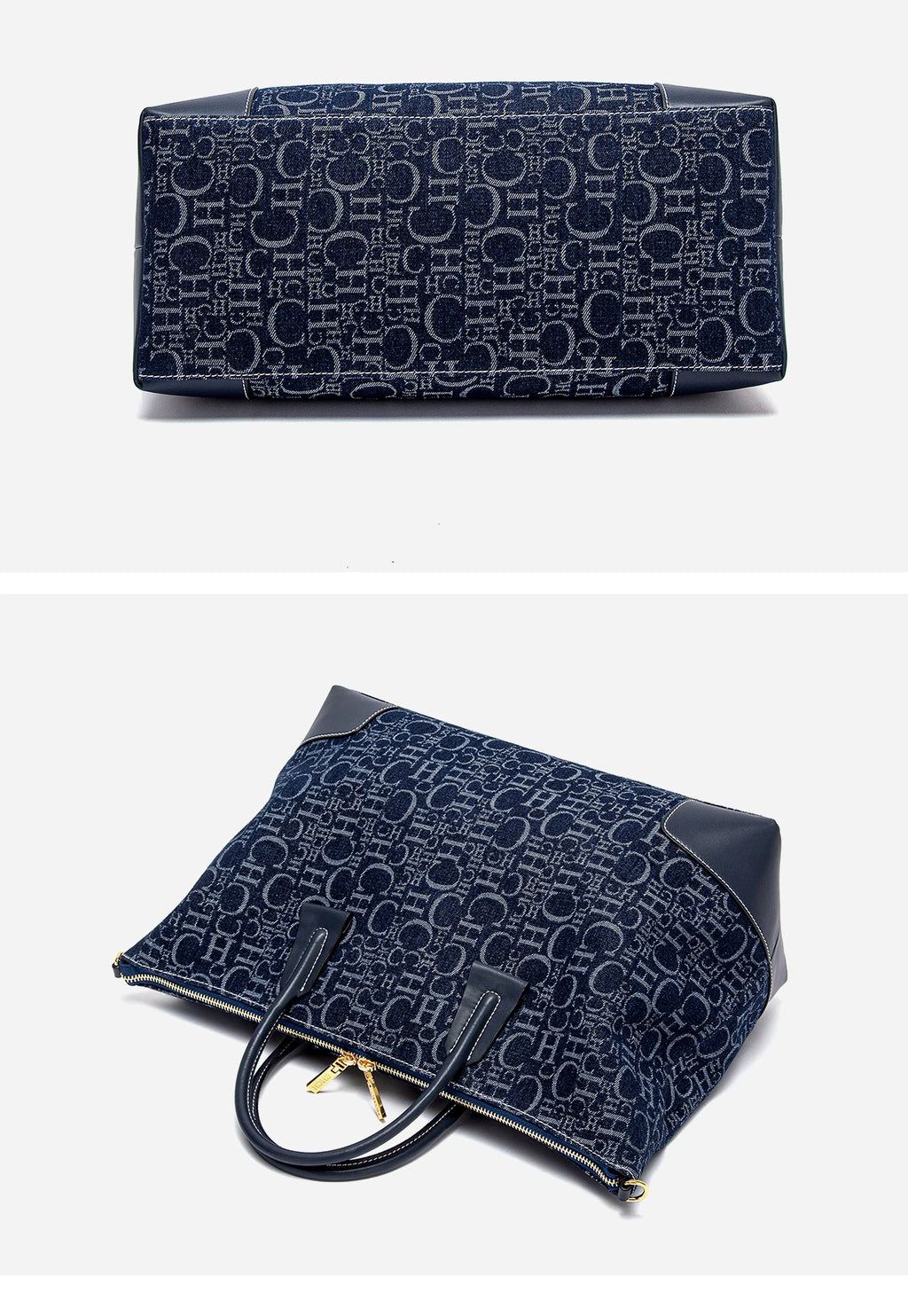 Geometric Letter Pattern Travel Totes – Sophisticated Blue Fabric  Leather Accents Metallic  for Urban Mobility Chic Versatility