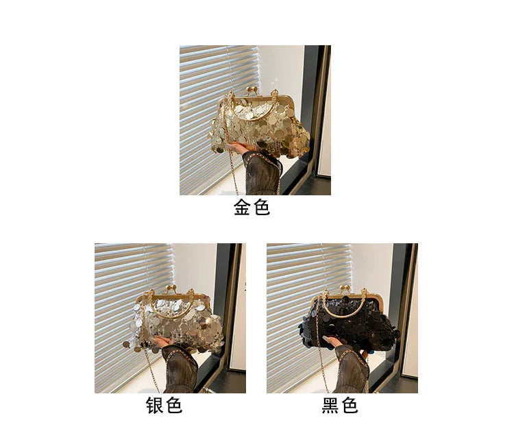 Elegant Sequined Evening Shoulder Bags for Women Solid Color Ladies Clip Chain Crossbody Bag Casual Female Shell Handbags Purse
