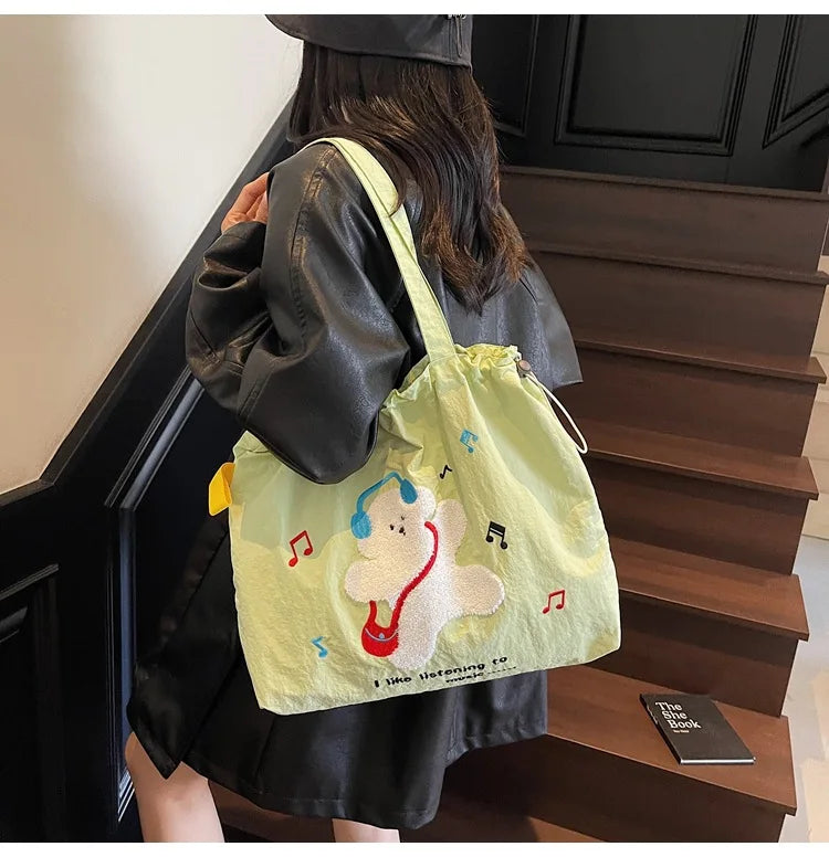 Leisure Large Capacity Single Shoulder Bag Trendy Embroidered Nylon Tote Bag School Style Sweet Handle Bag