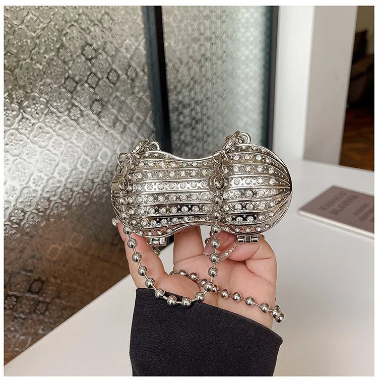Luxury Diamond Inlay Peanut Shape Crystal Clutch Purse Stones Evening Wedding Party Shoulder Bag Handle Rhinestone Mini Handbags