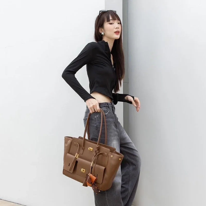 Luxury Brand Silver Buckle Fashion Genuine Leather Handbag New Large Capacity Tote Bag Designer Women's Commuter Shoulder Bag