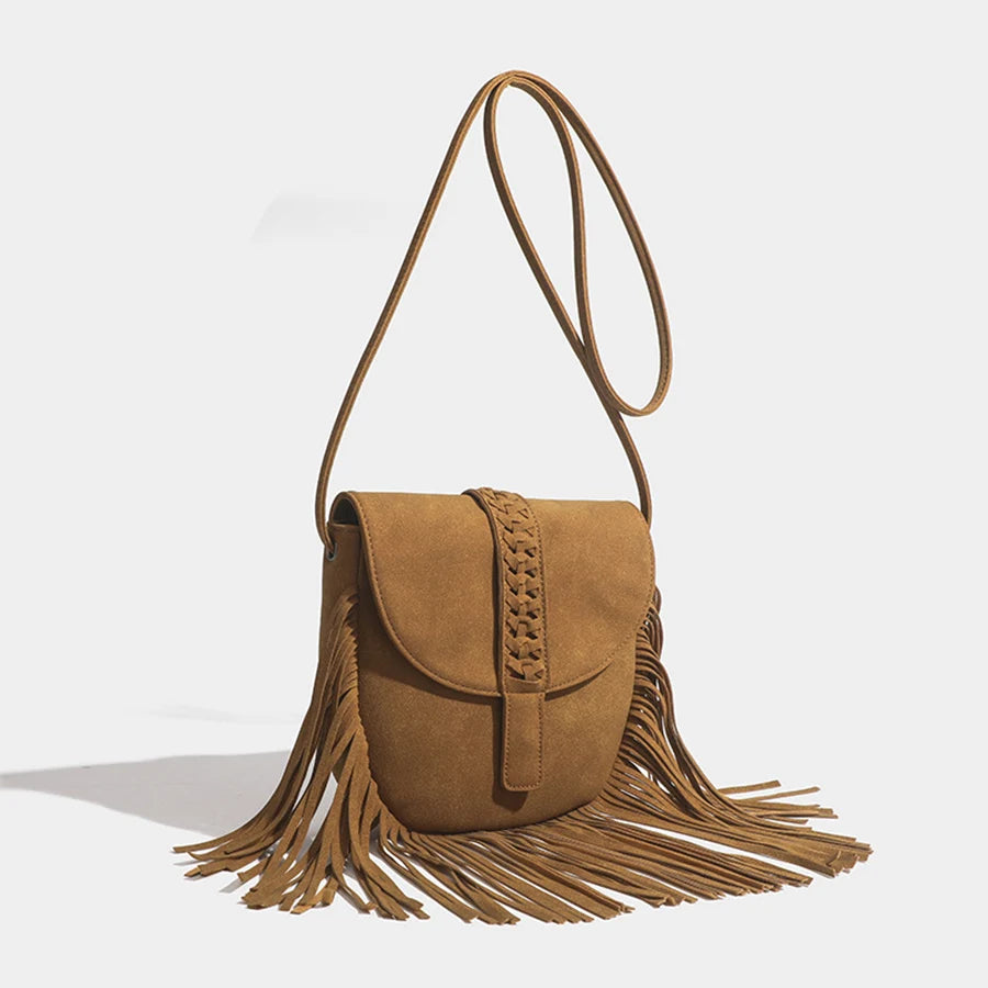 Boho Style Bohemian Fringed Crossbody Bag Versatile Faux Suede Design Shoulder Bag Flip Small Square Bags For Women Daily Travel