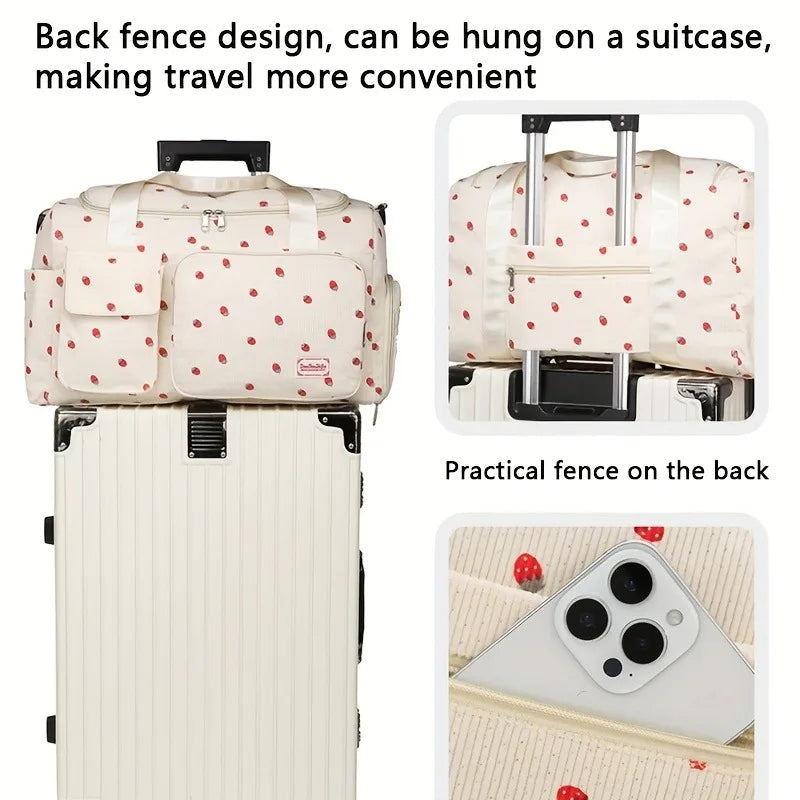 Large Capacity Strawberry Print Duffel Bag with Multiple Compartments - Ideal for Travel, Gym, and Everyday Use, Casual Style