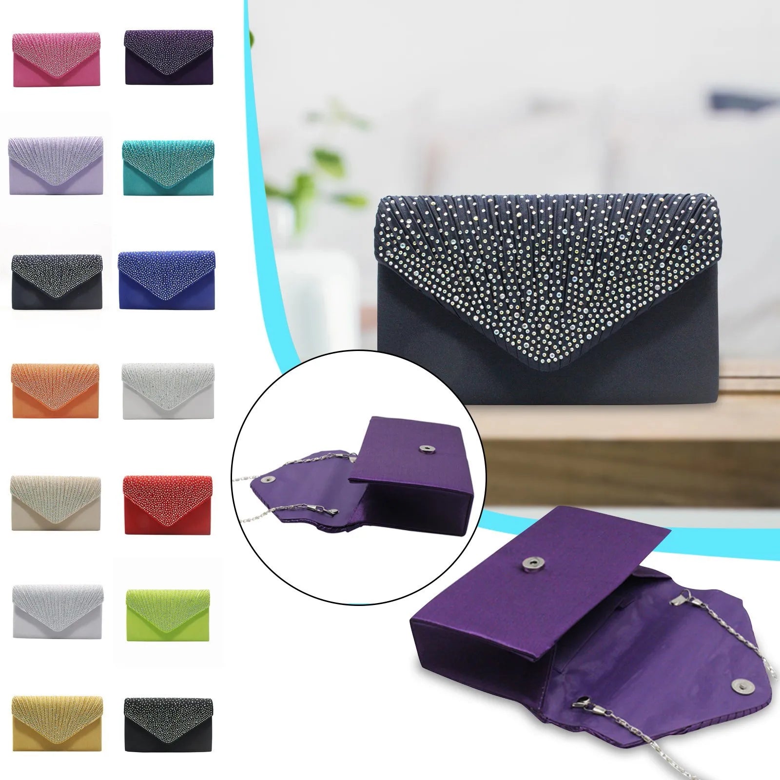 Women's  Luxury Silk Evening Clutch Bag - Elegant Women’s Prom/Wedding Handbag with Detachable Chain Strap & Secure Closure