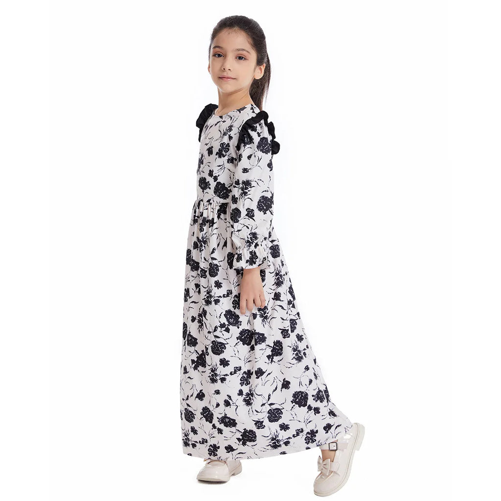 Abaya Girls Long Sleeve Dresses,Muslim Floral Dress for Kids,Conservative Outfits,Full Cover Robe Gown,Children's Beaching Dress