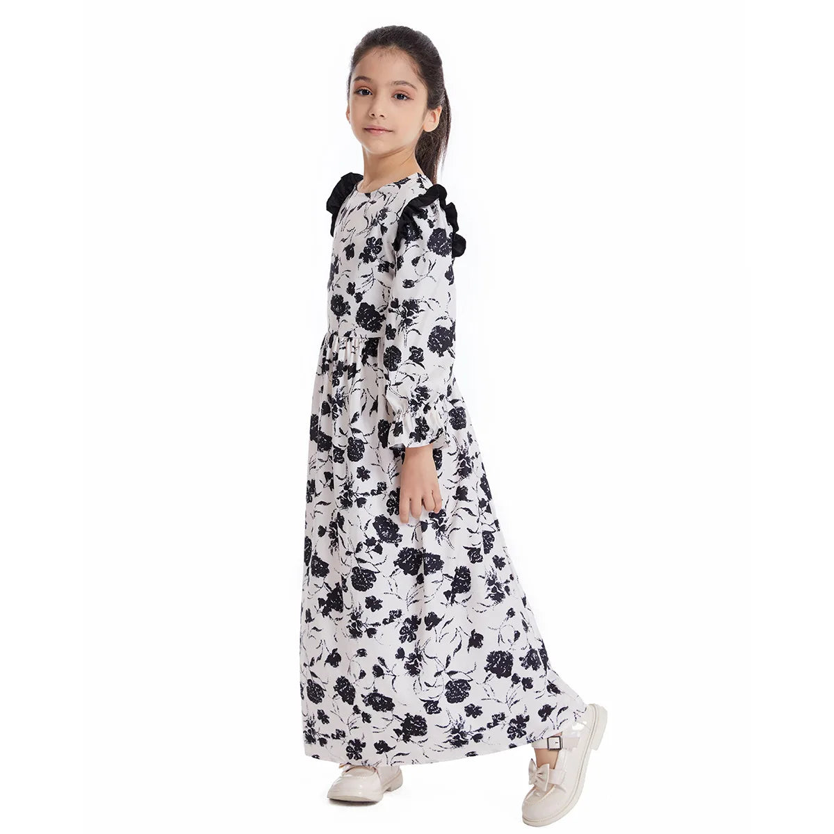 Abaya Girls Long Sleeve Dresses,Muslim Floral Dress for Kids,Conservative Outfits,Full Cover Robe Gown,Children's Beaching Dress