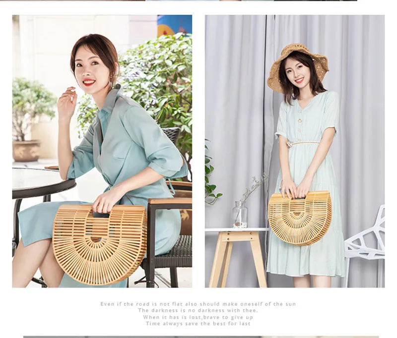 Fashion Straw Bag Bamboo Semi-circular Handbags High quality Hand woven Women Bags Bohemia Summer Ladies Beach Bag Bamboo Bags