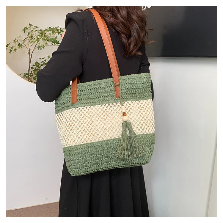 Color-blocked Linen Knitting Fashion Shoulder Bag Hollow Large Capacity Zipper Casual Tote Hot Sale Bags for Women Bolsa Mujer