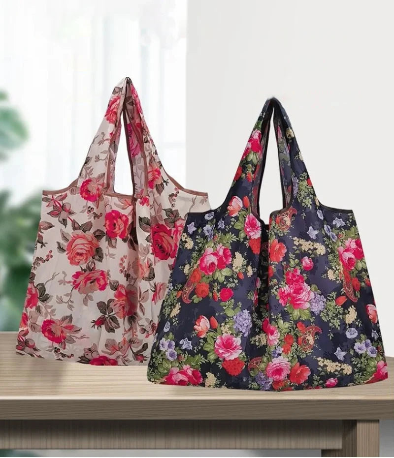 Fashion Pocket Tote Women Bag Eco-Friendly Folding Shopping Bag Reusable Portable Shoulder Handbag for Travel Supermarket