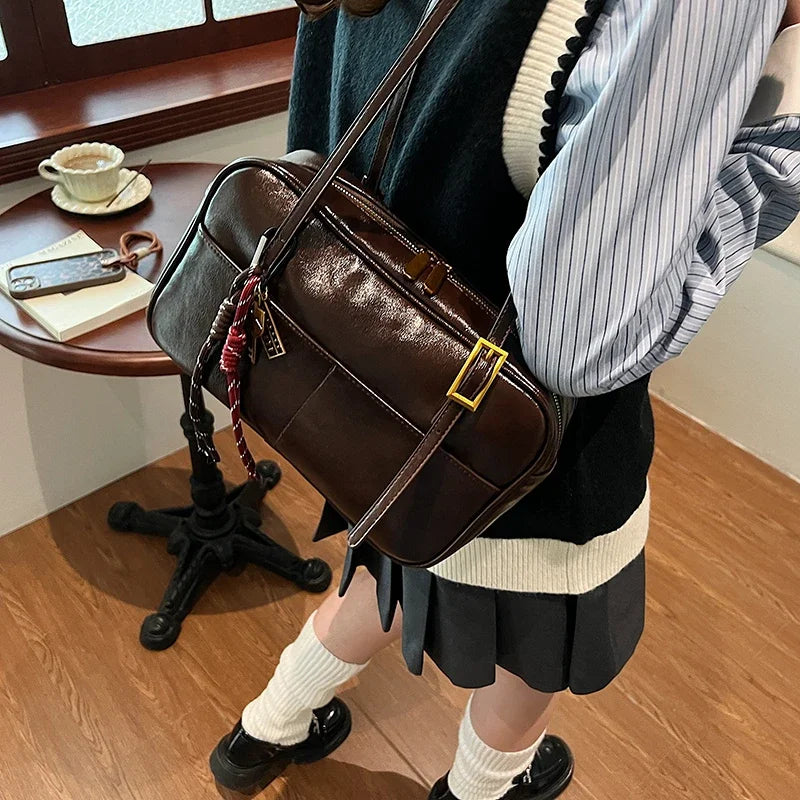 Luxury Black PU Leather Crossbody Bag for Women - Golden Buckle Strap & Red/Black Plaid Tassel, Y2K Underarm Bags Work Bag
