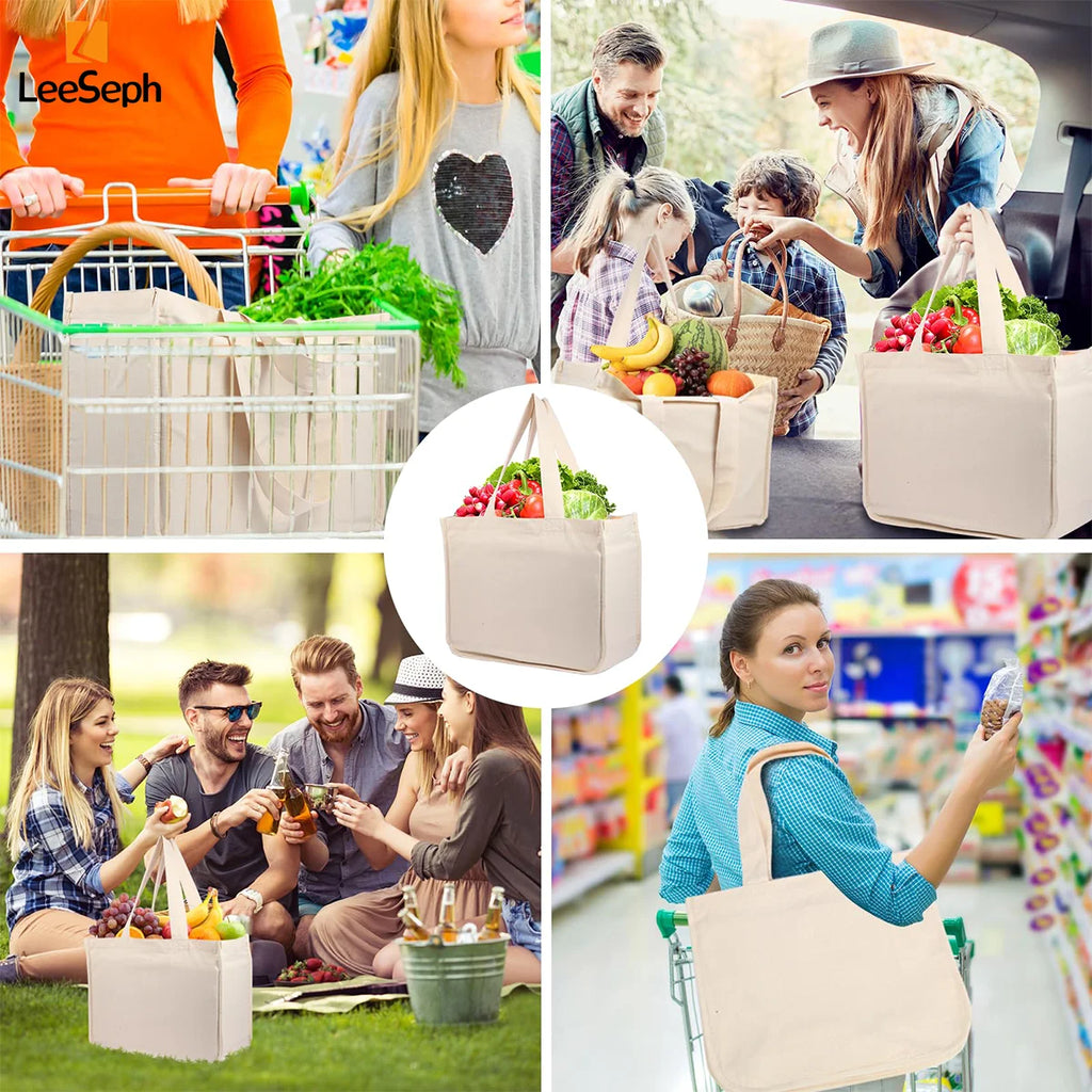 Canvas Grocery Bag, Grocery Tote Bag with 6 inner Pockets, Washable Foldable Reusable Canvas Shopping Bags, Beach Picnic Bags