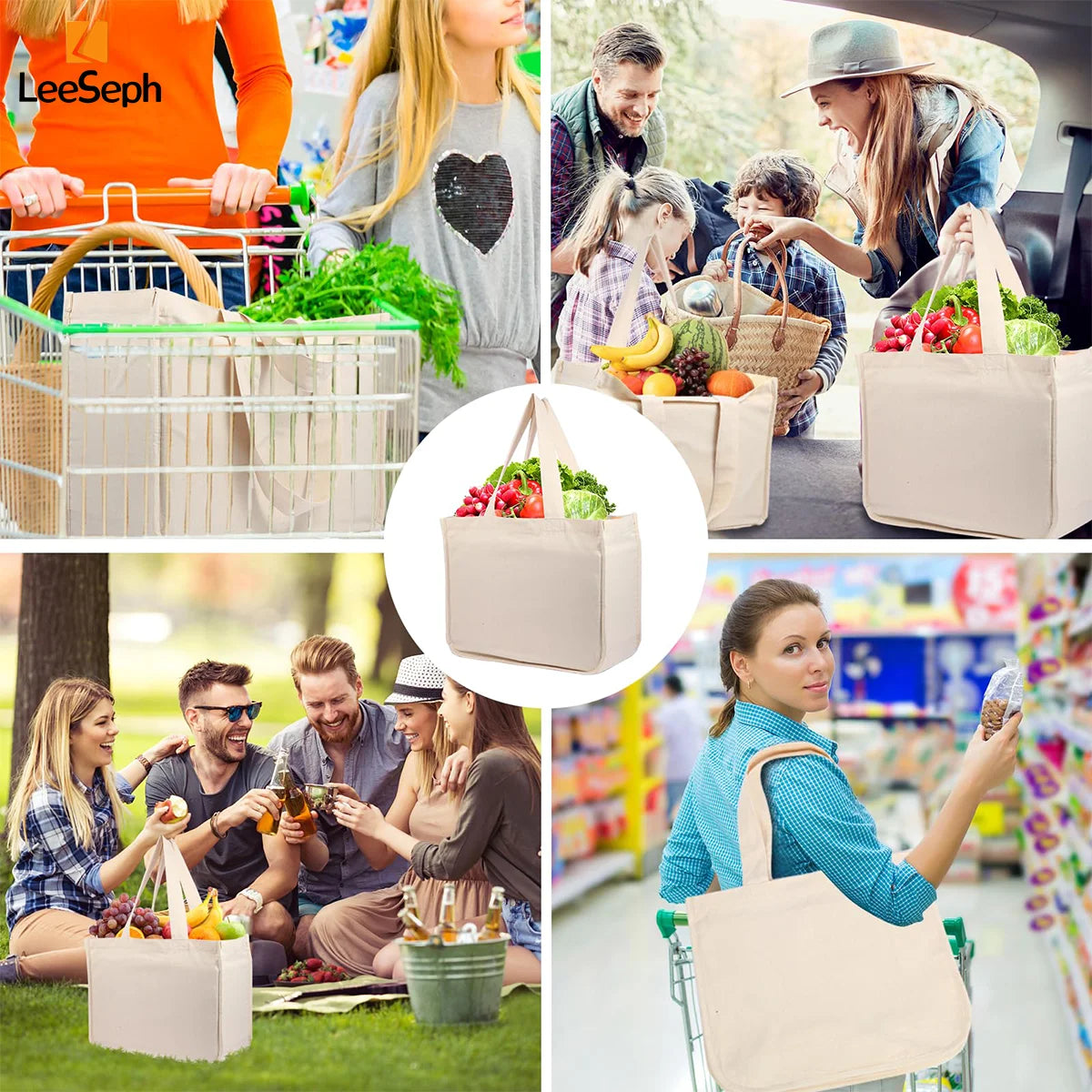 Canvas Grocery Bag, Grocery Tote Bag with 6 inner Pockets, Washable Foldable Reusable Canvas Shopping Bags, Beach Picnic Bags