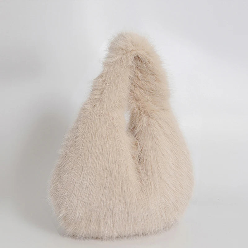 Small Hobo Handle Bags for Women Shoulder Bags Designer Furry Purse and Handbags Fashionable Cute Female Plush Bag