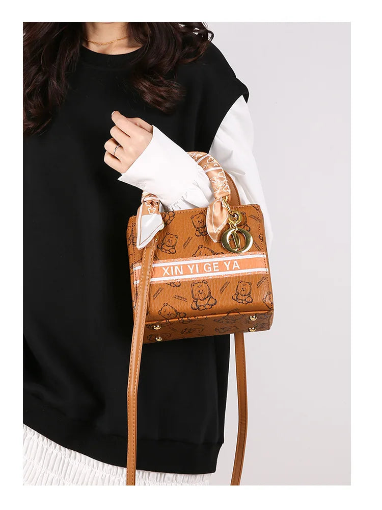 Luxury Bear Print Tote Bag for Women 2025, French Inspired Bucket Shoulder Purse, High Quality PU Leather Crossbody Bag