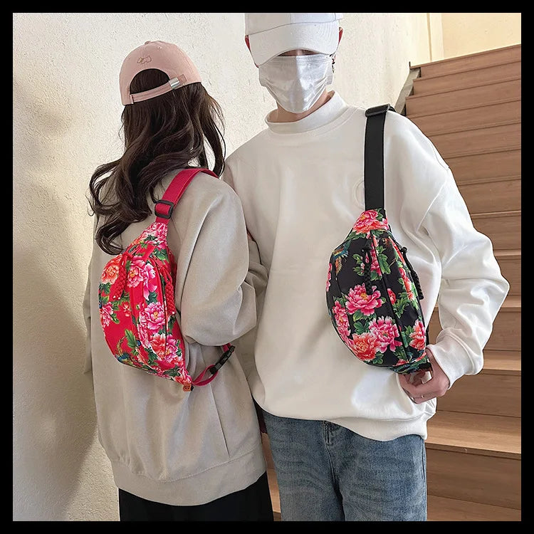 Women Fanny Bag Pack Large Flower Nylon Belt Bags Fashion Waist Pack Zipper Bag Adjustable Lightweight Multifunction Waterproof