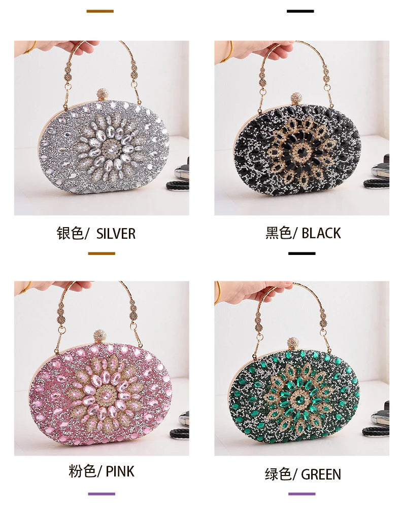 Gold Round Bag Luxury Brand Rhinestone Clutch Bags for Women 2024 Crystals Party Purses Diamond Designer Crossbody Handbags