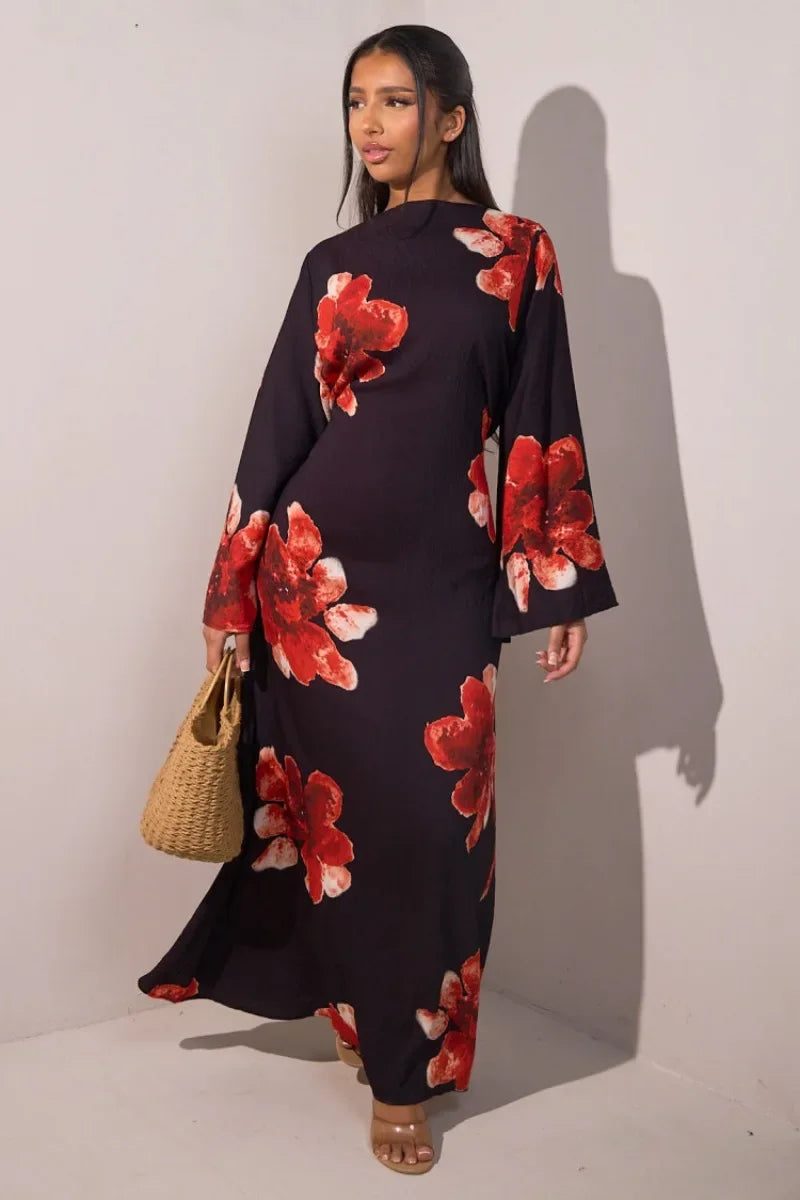 Elegant Floral Print Abaya Dress for Muslim Women Modest Full-Length Ankle-Grazing Maxi Robe 2025 Summer Islamic Turkey Outfit