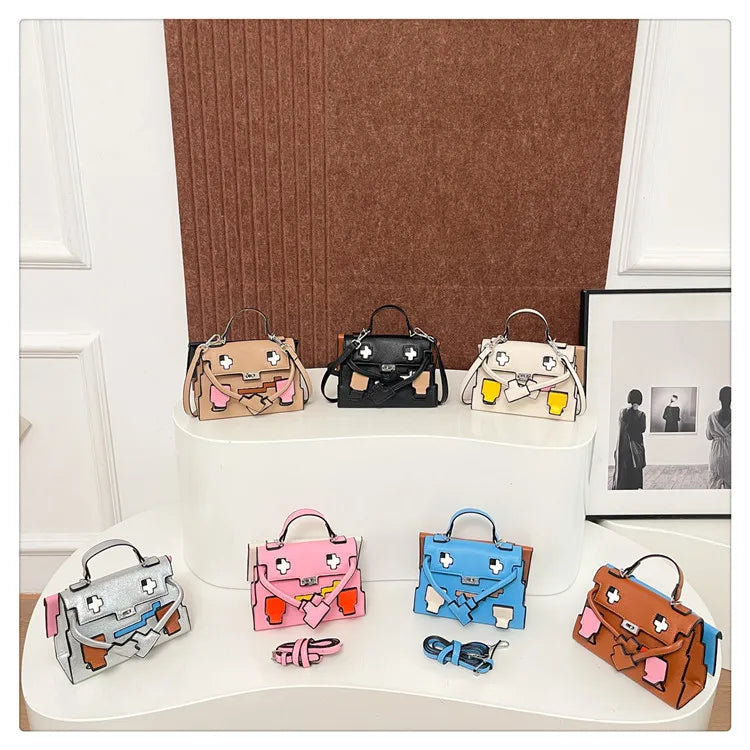 2025 Niche Kelly Bag Womens Mosaic Doll Robot Print Shoulder Crossbody Purse Unique Designer Handheld Tote Fashion Statement