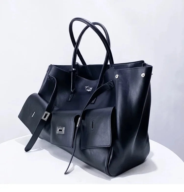 Luxury Brand Silver Buckle Fashion Genuine Leather Handbag New Large Capacity Tote Bag Designer Women's Commuter Shoulder Bag