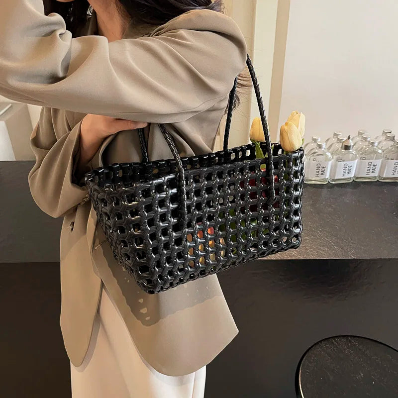 LEFTSIDE Small Solid Color Weave Tote Bags for Women 2025 Fashion Summer Shoulder Bags Simple Handbags Hollow Out Beach Bag