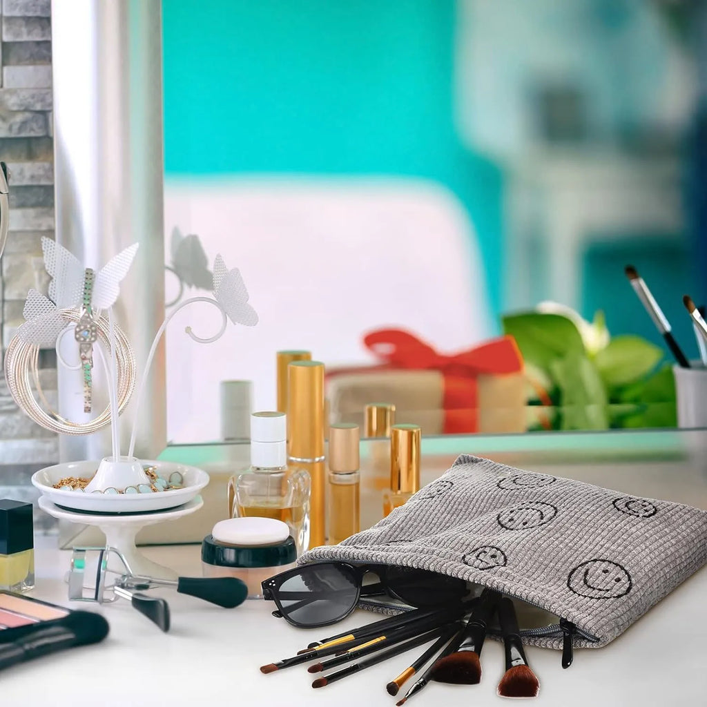 Makeup Bag For Women - Corduroy Cosmetic Bags Aesthetic Design Ladies Tote Bag, Cute Smiley Face Makeup Organizer with Zipper