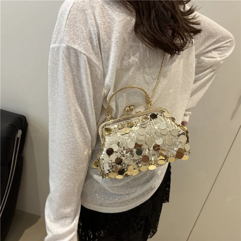 Elegant Sequined Evening Shoulder Bags for Women Solid Color Ladies Clip Chain Crossbody Bag Casual Female Shell Handbags Purse