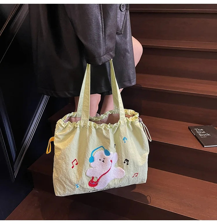 Leisure Large Capacity Single Shoulder Bag Trendy Embroidered Nylon Tote Bag School Style Sweet Handle Bag
