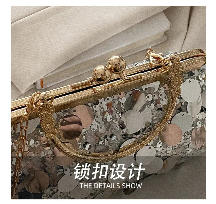 Elegant Sequined Evening Shoulder Bags for Women Solid Color Ladies Clip Chain Crossbody Bag Casual Female Shell Handbags Purse