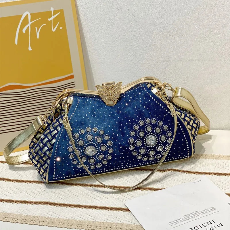 Denim Rhinestones Women Handbag Clutch Bag For Evening Party Chic Butterfly Decoration Ladies Denim Fireworks Shoulder Bag