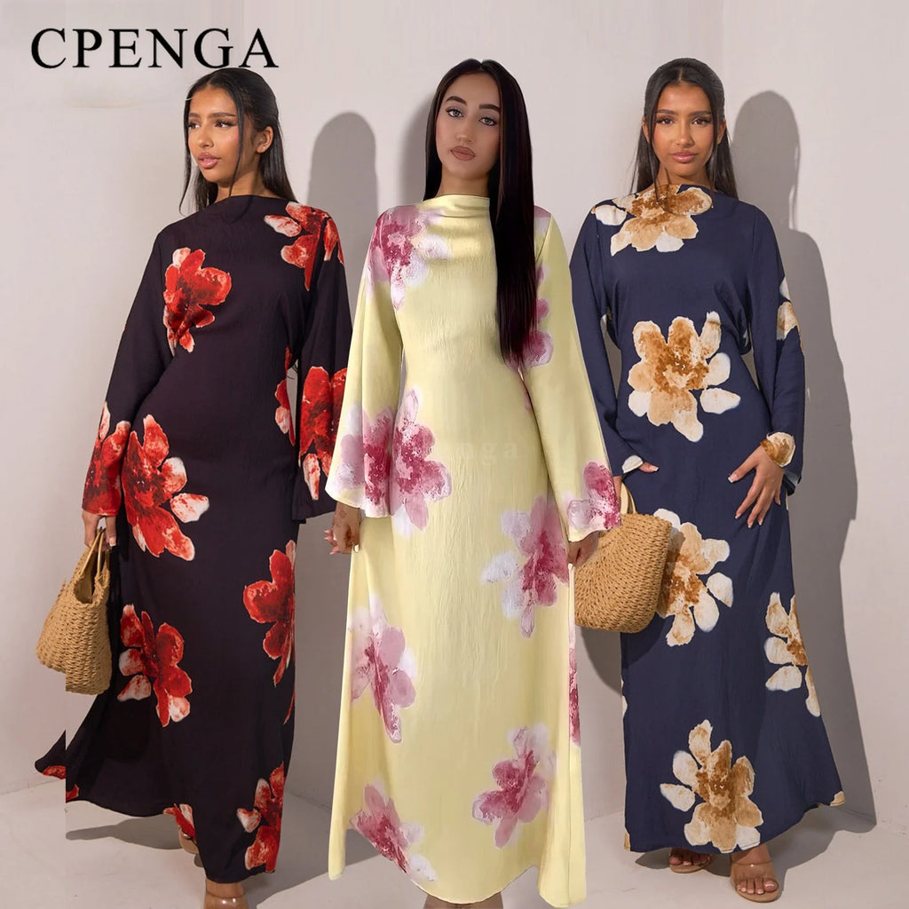 Elegant Floral Print Abaya Dress for Muslim Women Modest Full-Length Ankle-Grazing Maxi Robe 2025 Summer Islamic Turkey Outfit