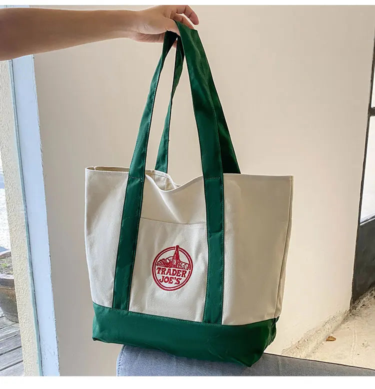 Tr Joe's Large Capaci op Bag Canvas Bag Embroidered Casual Handheld Single oulder Bag Contrast Color Trend Summer