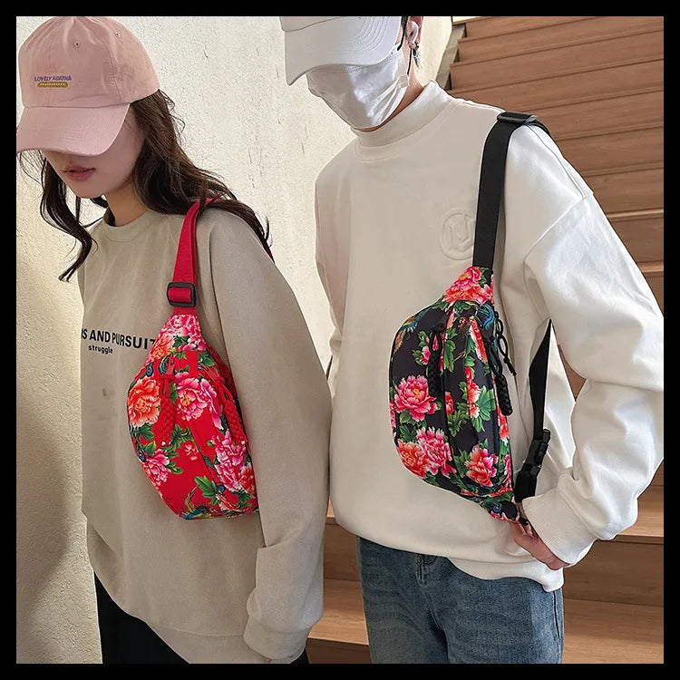 Women Fanny Bag Pack Large Flower Nylon Belt Bags Fashion Waist Pack Zipper Bag Adjustable Lightweight Multifunction Waterproof