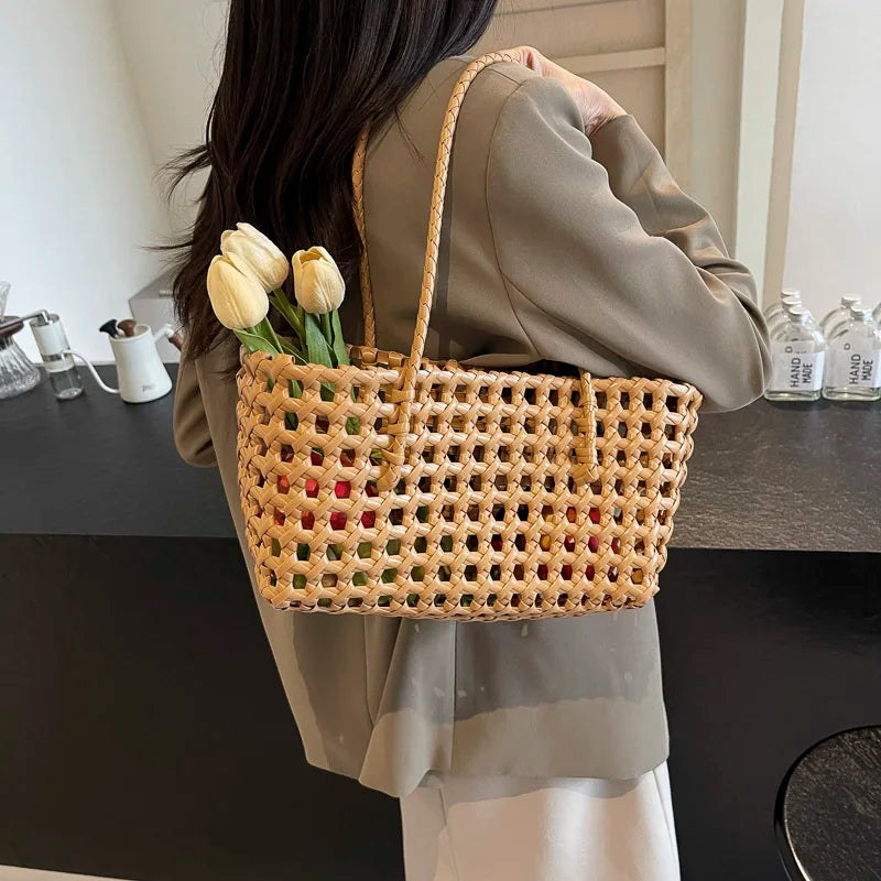 LEFTSIDE Small Solid Color Weave Tote Bags for Women 2025 Fashion Summer Shoulder Bags Simple Handbags Hollow Out Beach Bag