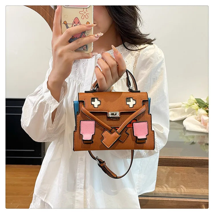 2025 Niche Kelly Bag Womens Mosaic Doll Robot Print Shoulder Crossbody Purse Unique Designer Handheld Tote Fashion Statement