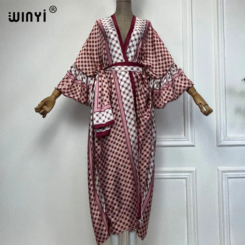 2023 dress KUWAIT WINYI new Muslim coat retro Print Self Belted Front Open Long Kimono kaftan Beach Tunic Women Wrap Dresses