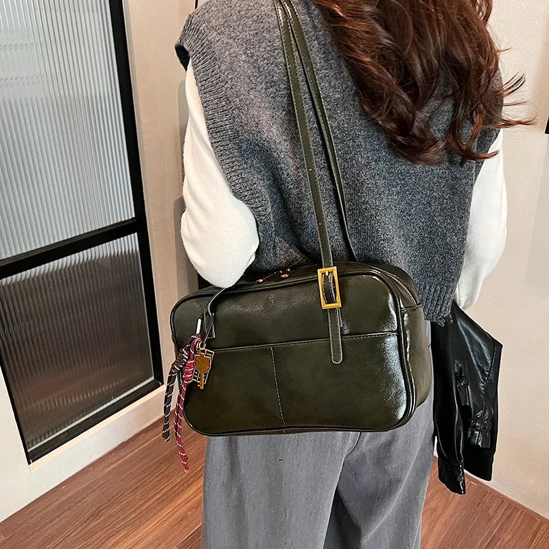 Luxury Black PU Leather Crossbody Bag for Women - Golden Buckle Strap & Red/Black Plaid Tassel, Y2K Underarm Bags Work Bag