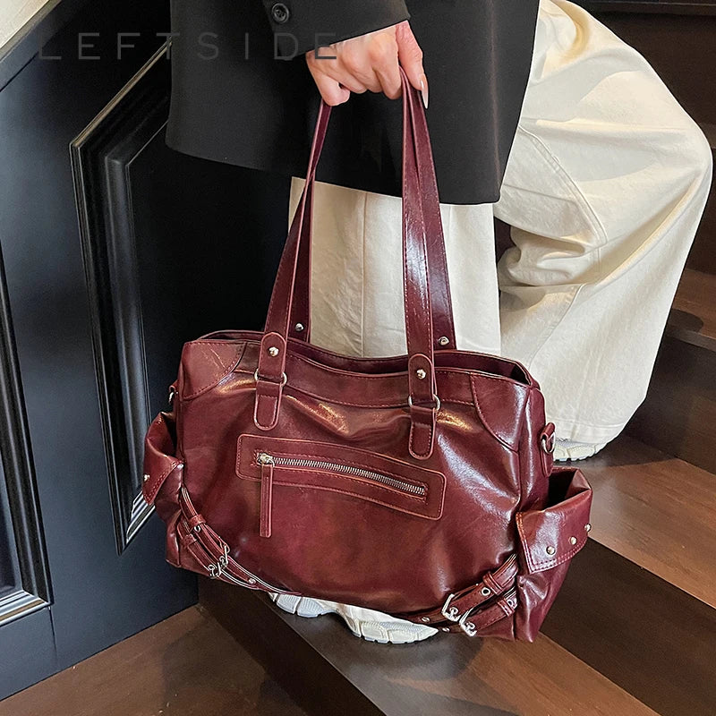 LEFTSIDE Big Solid Color PU Leather Shoulder Bags for Women Female 2025 Trend Luxury High Capacity Crossbody Handbags and Purses