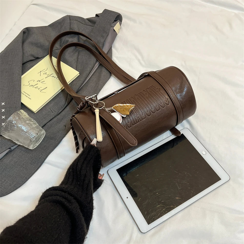 Multifunctional Cylinder Shaped Shoulder Bags For Women 2024 Winter Latest Designer Handbags Luxury Cross Body Bag With Pendant